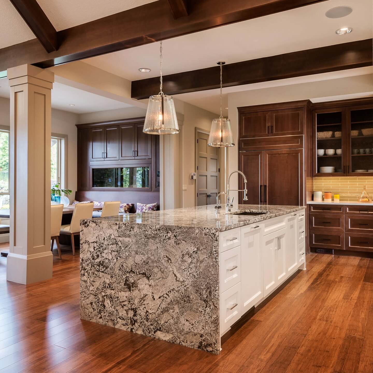 Kitchen island with a natural stone waterfall edge, from the TSF inspiration gallery