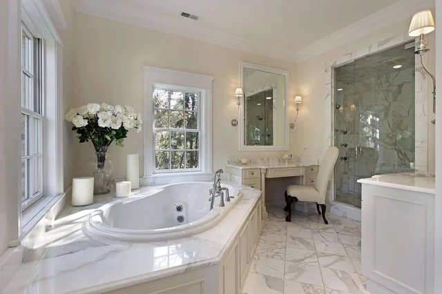 Bath surrounds inspiration featuring Calacatta Super White stone from the original TSF gallery