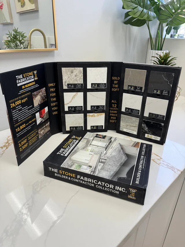 Open TSF 24-Pack fold-out sample booklet and branded Builder & Contractor Collection packaging on a stone countertop