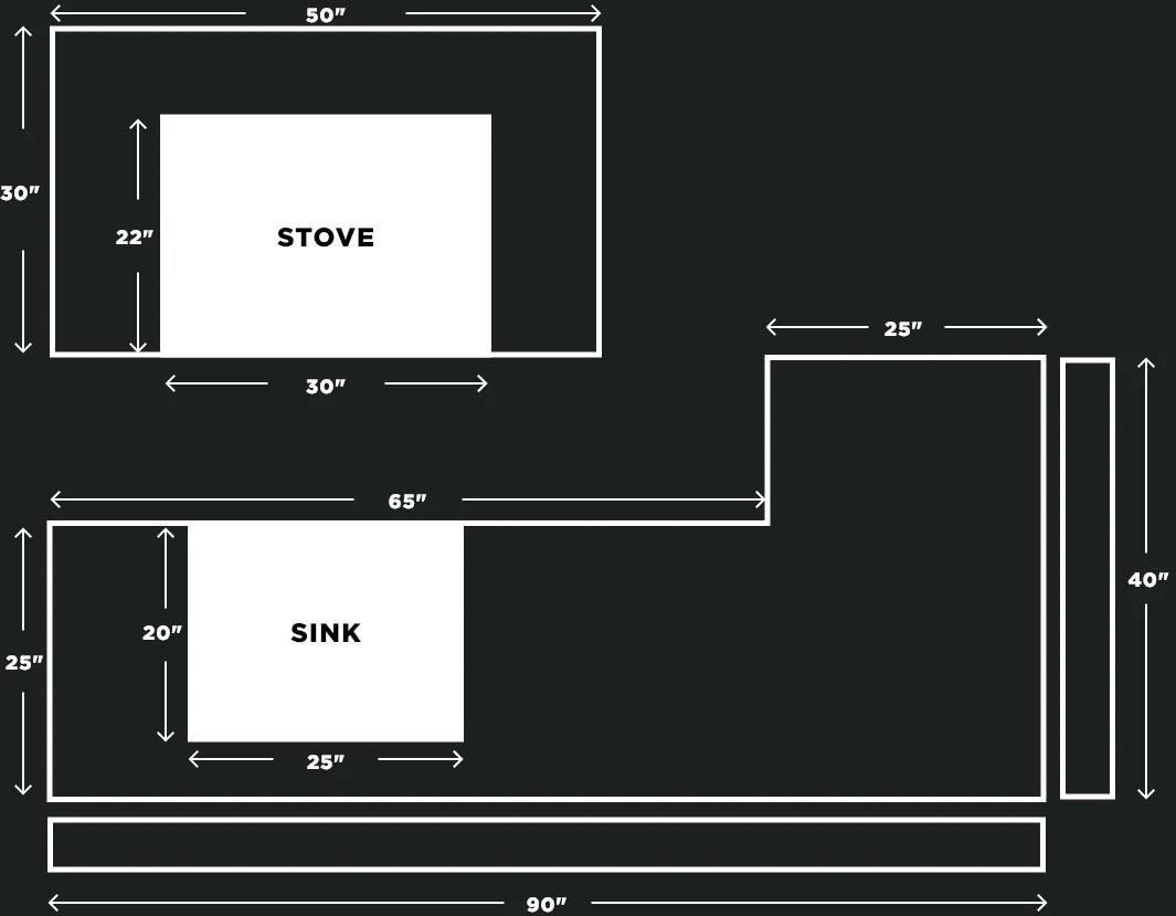 Example countertop layout sketch with dimension lines, a sink and a cooktop.