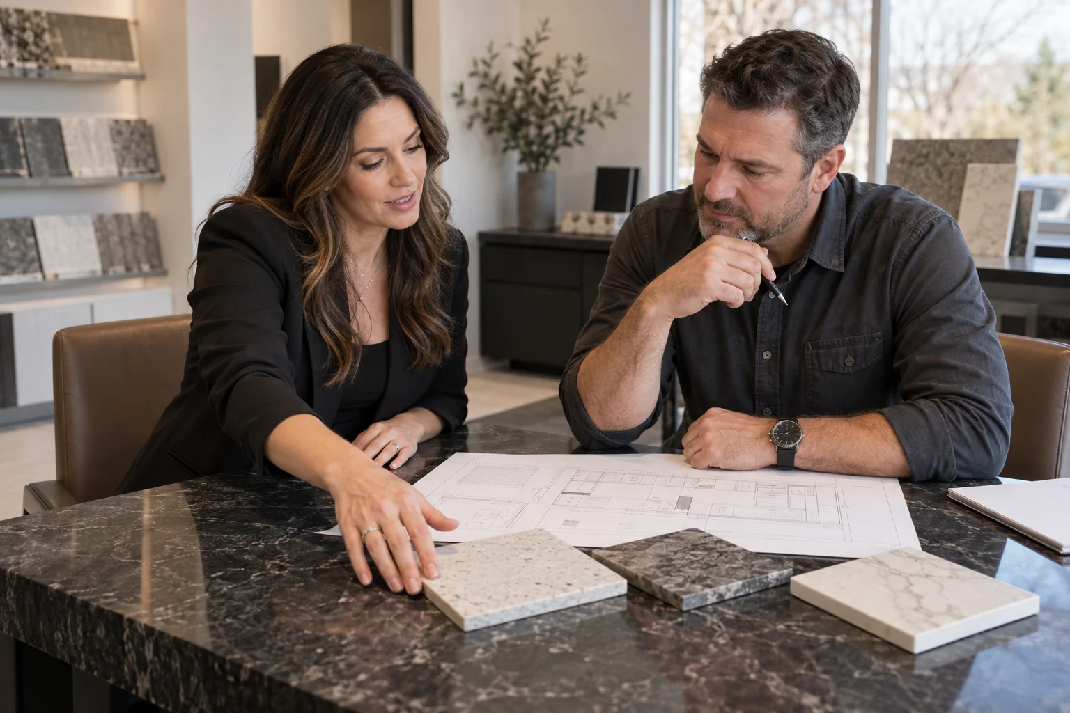 AI illustration of two professionals reviewing kitchen plans and stone samples at a dark stone desk.
